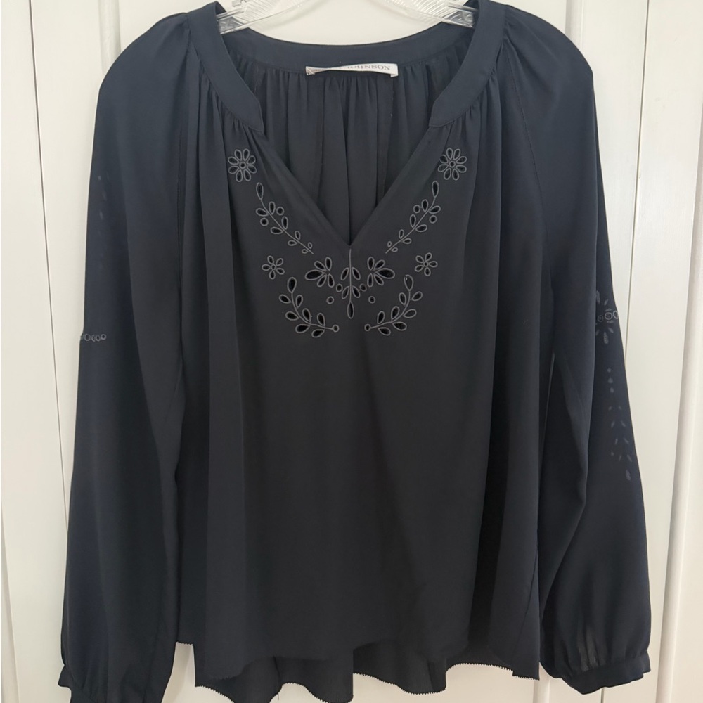 Ulla Johnson Midnight Navy Embroidered V-Neck Silk Peasant Blouse
